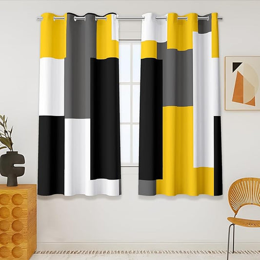 Yellow 100% Blackout Curtains 45 inch Length 2 Panels Set Black White Grey Modern Abstract Geometric Drapes for Kitchen Black Out Curtains Insulated Room Darkening Small Window Curtains, 52Wx45L
