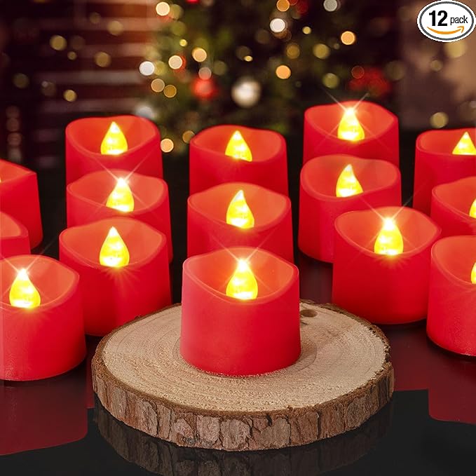 Homemory Red Tea Lights Candles Battery Operated, 200+Hour Flameless Flickering Fake Electric LED Colored Tealights Candles for Party, Wedding, Anniversary, Halloween, Christmas, 12-Pack