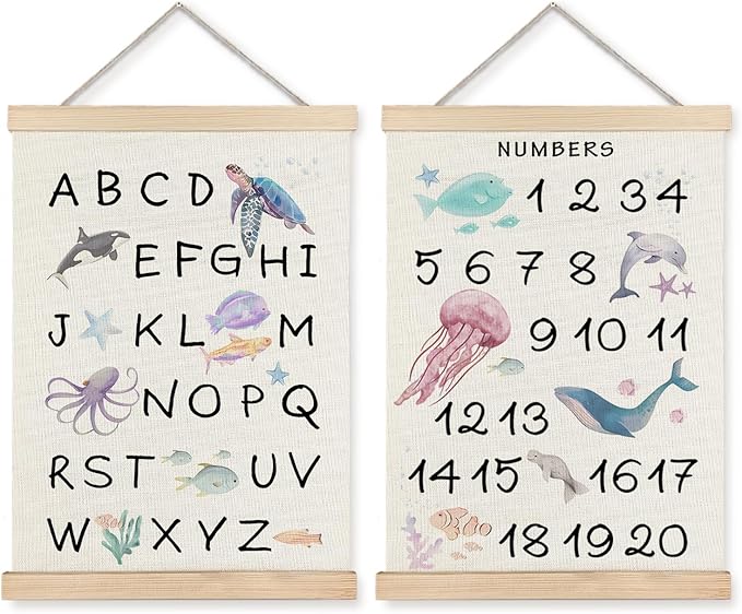 Supwhd Ocean Nursery Decor, Alphabet Numbers Ocean Animals Poster Hanger Frame, Sea Animals ABC 123 Educational Wall Decor for Nursery Kids Room Playroom Classroom Homeschool, 12x16 Set of 2