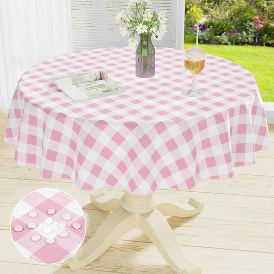 misaya Round Waterproof Vinyl Table Cloth, Buffalo Flannel Backed Tablecloth, Wipeable Plastic Table Cover for Dinner, Kitchen, Picnic (60", Pink and White)