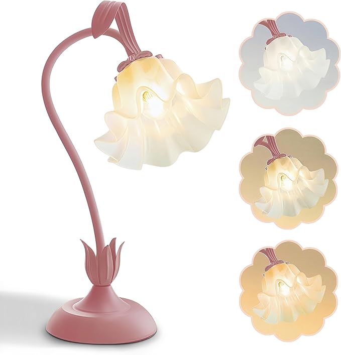 Flower Table Lamp Bedside Lamps LED Reading Light,3 Color Modes Cute Small Lamp,Vintage Flower Lamp Nightstand Lamp Kawaii Table Lamp for Bedroom Living Room Office Dorm Desk Home Decor (pink lamp)