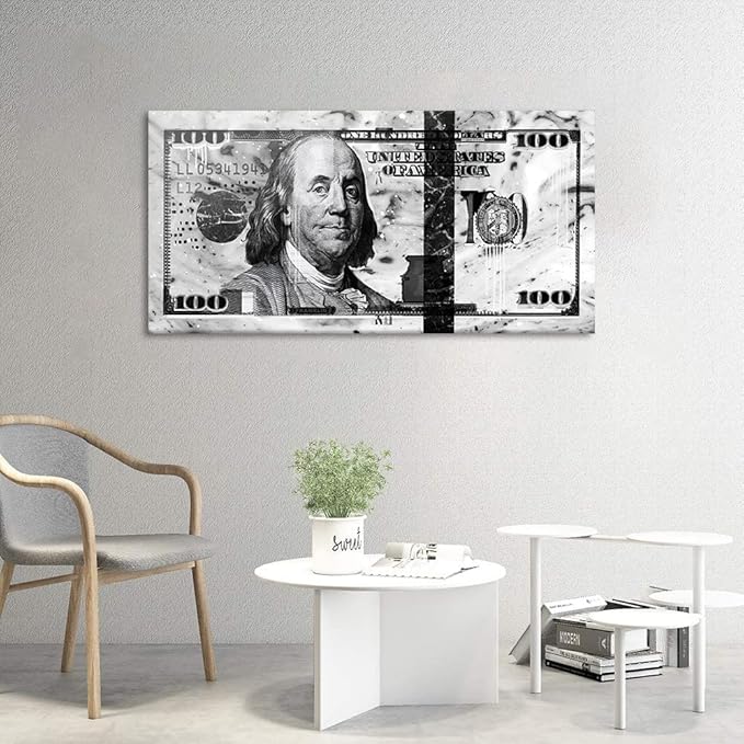 Black and White Graffiti Dollar Wall Canvas Painting Picture Artwork for Home Walls Large 100 Bill Giclee Canvas Wall Picture Creative Money Art Print Positive Modern Home Decor Easy to Hang-40"Wx20"H