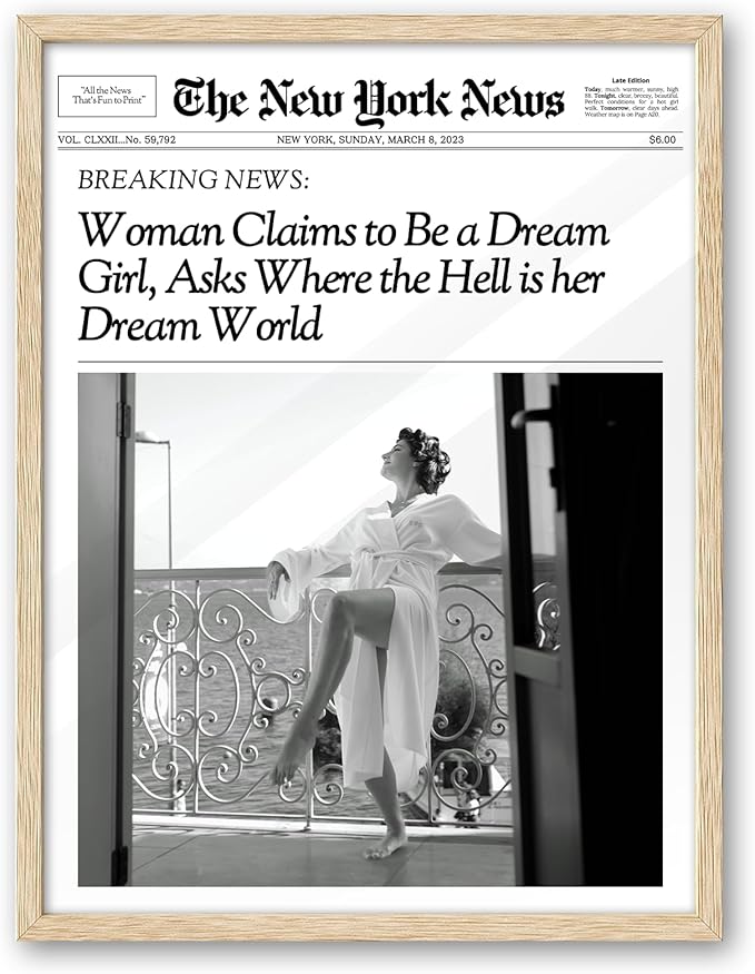 iHery Natural OAK Wood Newspaper Trendy Framed Wall Art, Large 16x20 in Vintage Headline Canvas Wall Art, Beige Retro Bedroom Decor, Woman Claims to Be a Dream Girl, Living Room Apartment Set of 1