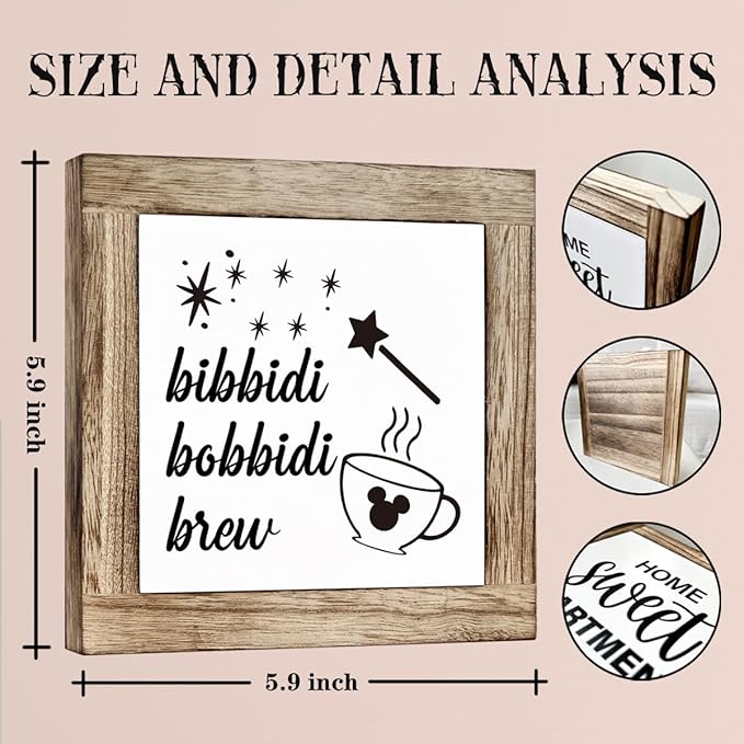 Farmhouse Bibbidi Bobbidi Brew Wooden Box Sign - Cute Coffee Decor for Kitchen Bar Table or Wall