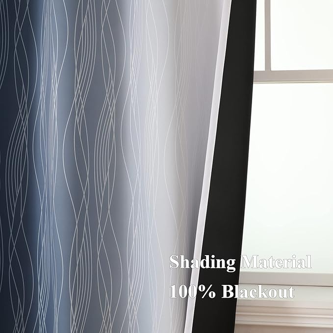 Estelar Textiler Greyish White and Navy Blue Blackout Curtains 96 Inches Long, Ombre Thermal Insulated Noise Reducing Blackout Drapes for Bedroom, Full Room Darkening Grommet Curtains,52Wx96L,2 Panels