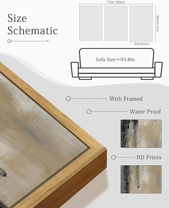 KUVIOKE Black Gray Abstract Framed Wall Art Minimalist Modern Neutral Wall Art Decor for Living Room Hallway Bedroom Ready to Hang 24x36in (Natural Framed)