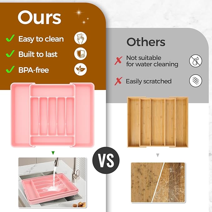 Extra Large Expandable Silverware Organizer, BPA-Free Food-Safe Cutlery Flatware Organizer, Kitchen Utensil Drawer Organizer, Adjustable Silverware Holder for Spoons Forks Knives, Pink