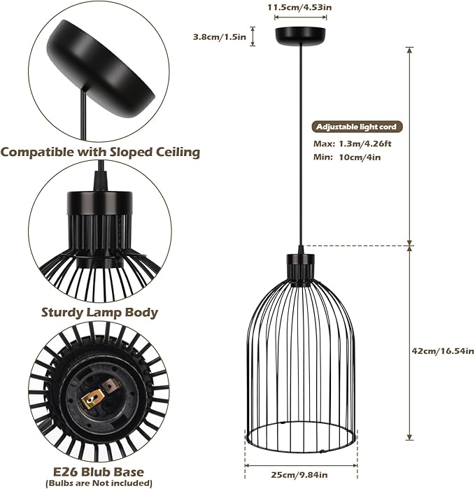 Black Decorative Birdcage Industrial Chandelier – Modern Metal Cage Pendant Light Fixture, E26 Base (No Bulb), Assembly Required, for Living Room, Kitchen, Dining Room, Bedroom, Farmhouse, Bar, Café