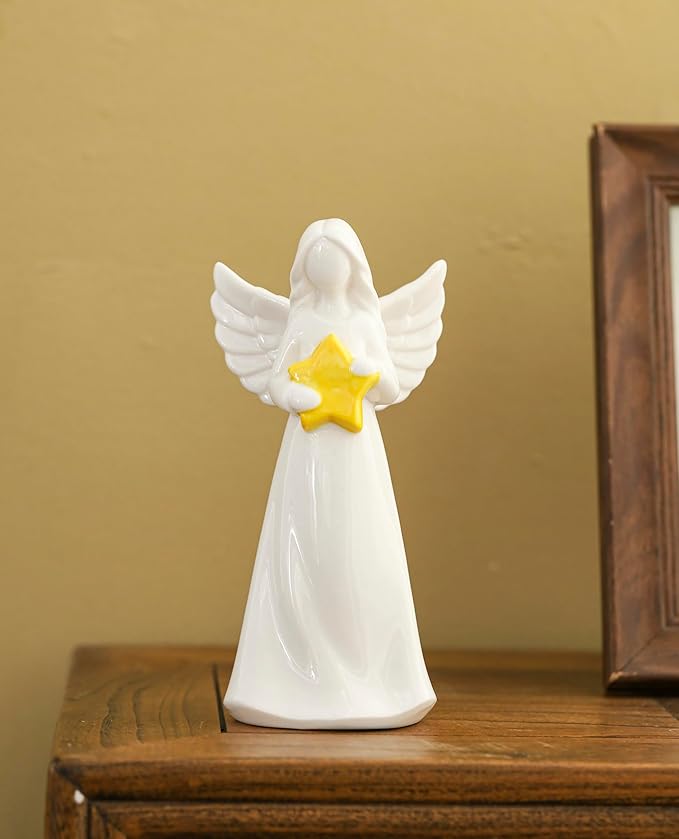 ADAVAS.Y&G Porcelain Angel Hold Star Collectible Figurines Guardian Angel Statue Lighted up Angel Night Light Angel lamp with DIY Bible Verse Do not Fear for I am with You 7inch High