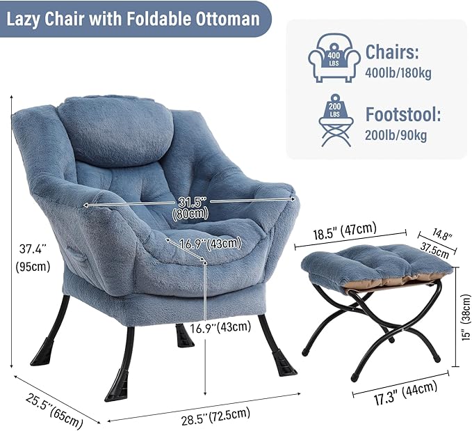 Lazy Chair with Ottoman, Modern Chair with Folding Footrest, Lounge Accent Chair, Comfortable Reading Chair (Plush Light Blue)