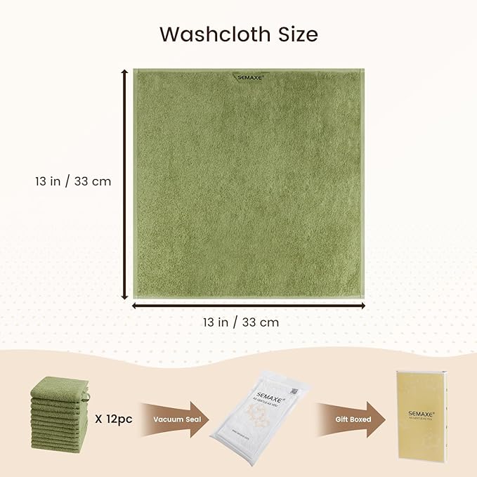 SEMAXE 100% Cotton Washcloths 12-Pack, 13 × 13 Inch Soft Luxury Face Towels – Super Absorbent & Quick-Dry, Premium Cloth with Hanging Loop, Oeko-TEX Certified, Gift-Ready Box
