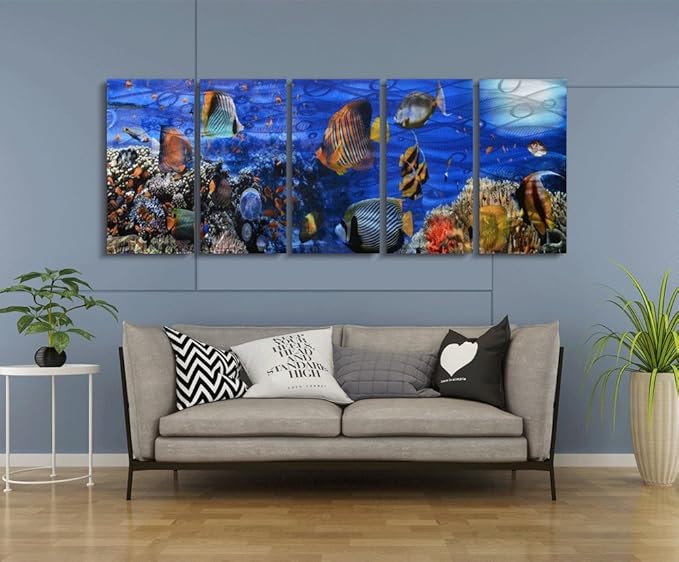 Yihui Arts Cosatal Metal Wall Art, Large Nautical Metal Wall Art in Modern Ocean Design, 3D Outdoor Pictures Wall Decor, 5 Panels, Metal School of Fish Art