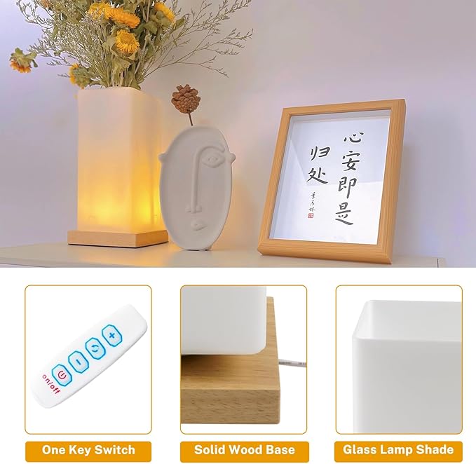 Vase Lamp Table Lamp Dimmable 3 Colors Vase Table Lamp USB Charge Bedside Lamp Frosted Glass Shade with Wood Base