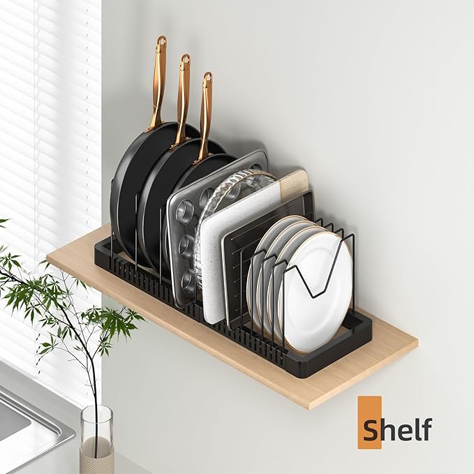 Pots and Pans Organizer under Cabinet, Expandable Pot Lid Organizer Holder with 12 Adjustable Compartment, Pan Organizers inside Cabinet for Lids, Bakeware, Kitchen Storage Pot Rack, Black