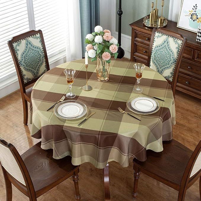 Round Tablecloth Checkered Style Polyester Table Cloth Dust-Proof Wrinkle Resistant Heavy Weight Table Cover for Kitchen Dinning Tabletop Decoration (Round,70" (4-6 Seats), Taupe)