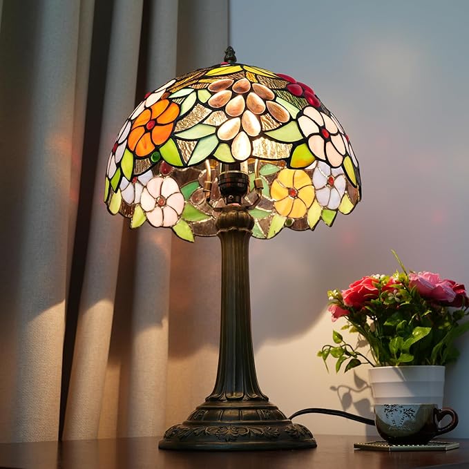 Tiffany Style Stained Glass Table Lamp 12-Inch Purple Grape Flower Reading Bedside Lamp Suitable for Study Living Room Bedroom Coffee Shop Retro Table Lamp Home Decoration Art