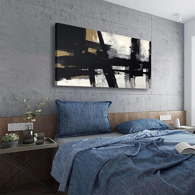 Black and White Abstract Pictures Canvas Wall Art for Living room Office Bedroom Wall Decor,Abstract Wall Art Print Paintings Modern Black Yellow Artwork Waterproof Ready to Hang-20x40inch