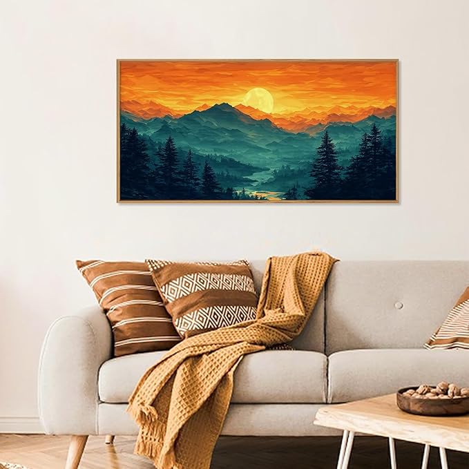 HOURIA Large Sunrise Mountain Forest Landscape Framed Canvas Wall Art Set,Orange Sky Green Ridge Wall Decor,Nature Pine Tree Artwork,Boho Watercolor Art Print for Living Room, Bedroom- 20"x40"x1