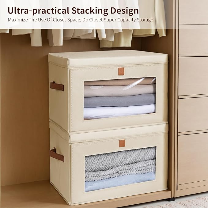 Large Closet Storage Organizer - Clothes Storage Bins with Handles & Window, Collapsible Decorative Boxes with Lids, Fabric Containers for Living Room, Dorm, 2 Pack, Beige