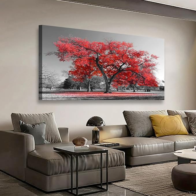 Red Tree of Life Wall Art for Living room Office Bedroom Black and White Scenery Canvas Wall Art Print Oil Paintings Modern Forest Landscape Pictures Wall Decor Artwork Ready to Hang - 20in * 40inch