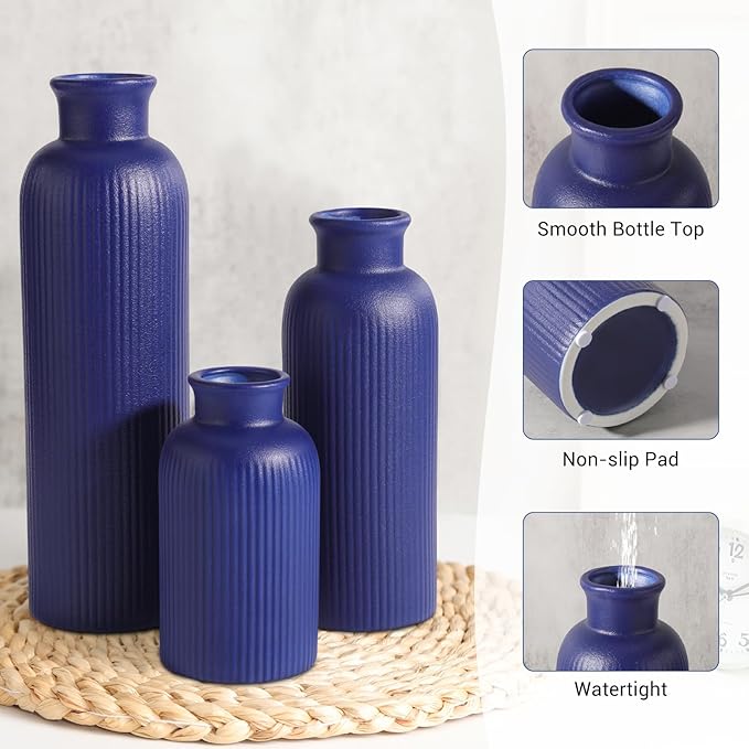 Small Navy Blue Ceramic Vase Set of 3, Boho Modern Navy Blue Flower Vase Room Decor, Farmhouse Decor, Vases for Your Kitchen, Bathroom, Bedroom, Living Room, Office&Shelf Centerpiece Table Decorations