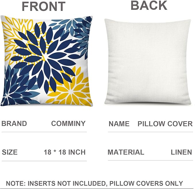 Navy Orange Throw Pillow Cover 18x18 Set of 6, Grey Blue Pillow Covers, Daisy Dahlia Pillowcase, Square Cushion Covers for Couch Sofa Living Room Home