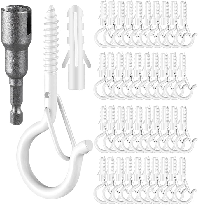 96 PCS Q-Hanger Hooks, Screw Hooks for Outdoor String Lights, Safety Buckle Design Cup Eye Hook for Hanging Christmas Lights, Plants, Mounted on Wall Ceiling, Include 1 Wing Nut Driver, White