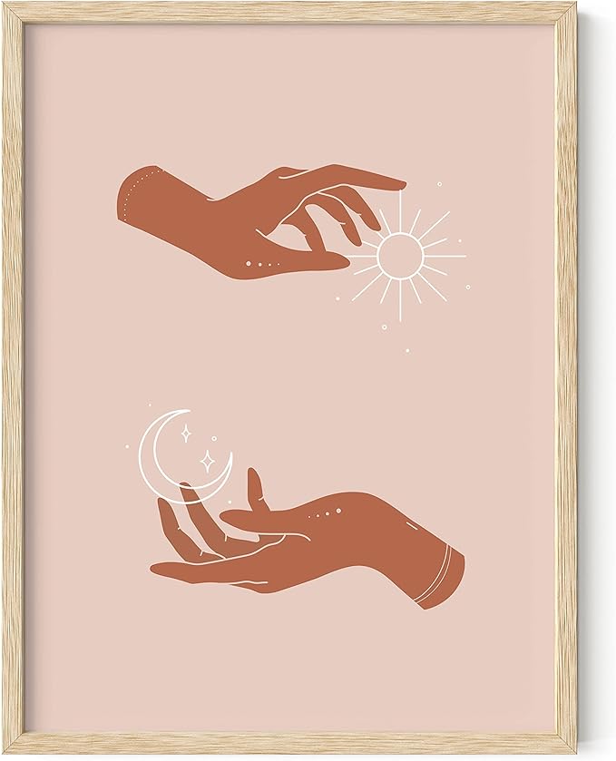 HAUS AND HUES Sun and Moon Art Astrology Posters - Spiritual Wall Art and Celestial Hands Top and Bottom Hands Room Decor Posters Spiritual Boho Prints (Beige Frame, 12x16)