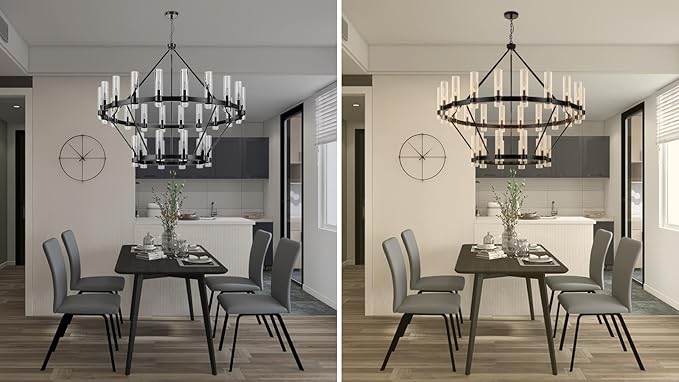 60 Inch Black Wagon Wheel Chandelier 2 Tier with Glass Shade, 30 Lights, Modern Farmhouse Style, Ideal for Dining Room, Kitchen, Entryways