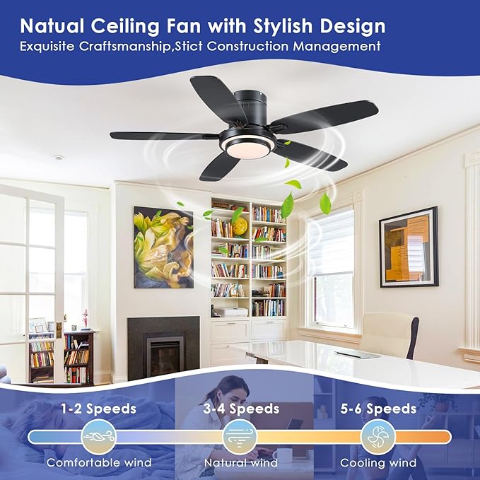 Low Profile Ceiling Fan with Lights and Remote/APP, 50 Inch Modern Flush Mount Ceiling Fan with 3CCT 6-Speeds Quiet DC Motor,Dimmable 3-Color Temperatures for Living Room Bedroom(Black)