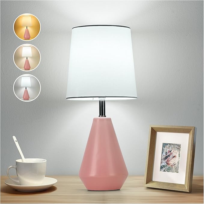 Small Bedside Table Lamp for Bedroom - Reading Desk Lamp with 3 Color Temperatures，15.5" Nightstand Ceramic Lamp with Fabric Shade for Kids Room,Living Room,Dorm,Home Office (Pink+White)