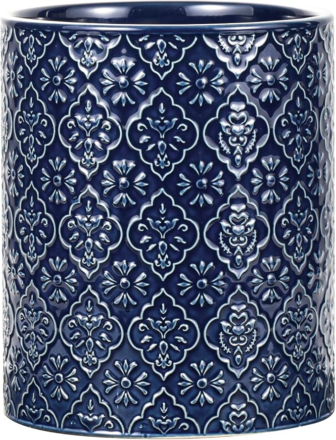 Kitchen Utensil Holder, 6x7 inch Large Ceramic Utensil Holder with Embossed Pattern, Cooking Utensil Crocks for Kitchen Countertop, Home Decor, Blue