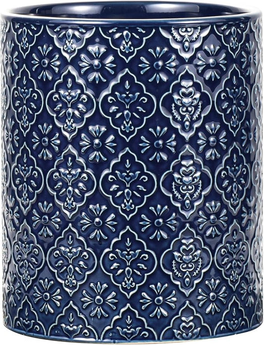 Kitchen Utensil Holder, 6x7 inch Large Ceramic Utensil Holder with Embossed Pattern, Cooking Utensil Crocks for Kitchen Countertop, Home Decor, Blue