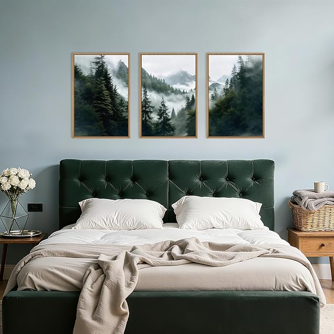 HOURIA Boho Forest Mountain Framed Canvas Wall Art Set,Nature Foggy Woodland Ridge Wall Decor,Misty Pine Tree Artwork,Sage Green Botanical Art Prints for Living Room, Bedroom, Farmhouse-16 x24 x3