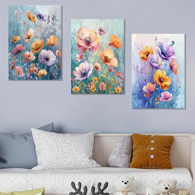Colorful Floral Poster Wall Art 3 Pieces Abstract Farmhouse Botanical Wildflower Daisy Wooden Framed Print on Canvas Painting Artwork for Living Room Gym Hotel Office Ready to Hang [60''W x 28''H]