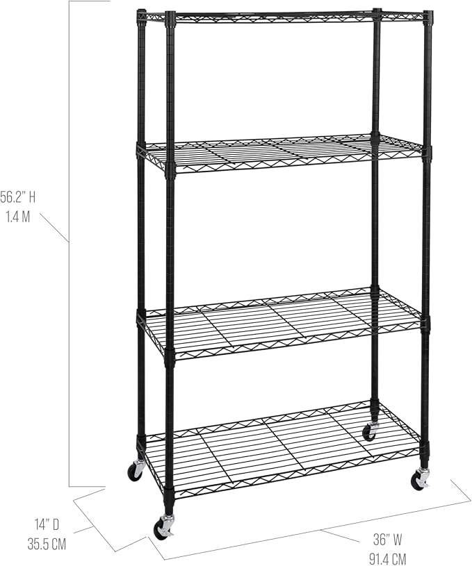 Seville Classics Solid Steel Wire Shelving Storage Unit Adjustable Shelves Organizer Rack, for Home, Kitchen, Office, Garage, Bedroom, Closet, Black, 4-Tier, 36" W x 14" D