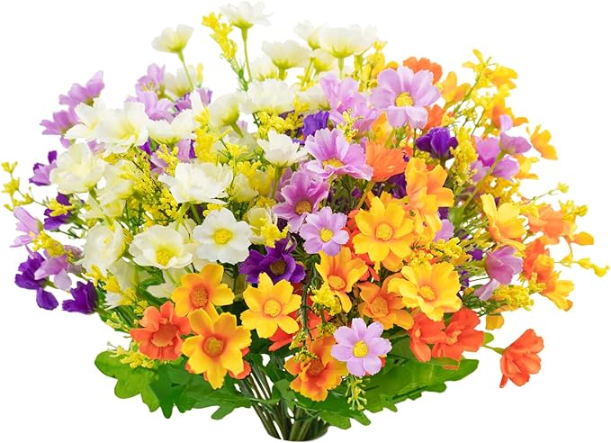 Uieke 6PCS Artificial Daisy Mums Flowers Outdoor UV Resistant Fake Silk Flowers No Fade for Outside Home DIY Garden Porch Window Box Décor (Orange Yellow. White, Purple)