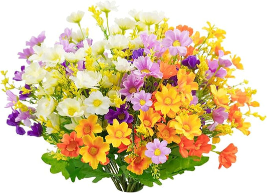 Uieke 6PCS Artificial Daisy Mums Flowers Outdoor UV Resistant Fake Silk Flowers No Fade for Outside Home DIY Garden Porch Window Box Décor (Orange Yellow. White, Purple)