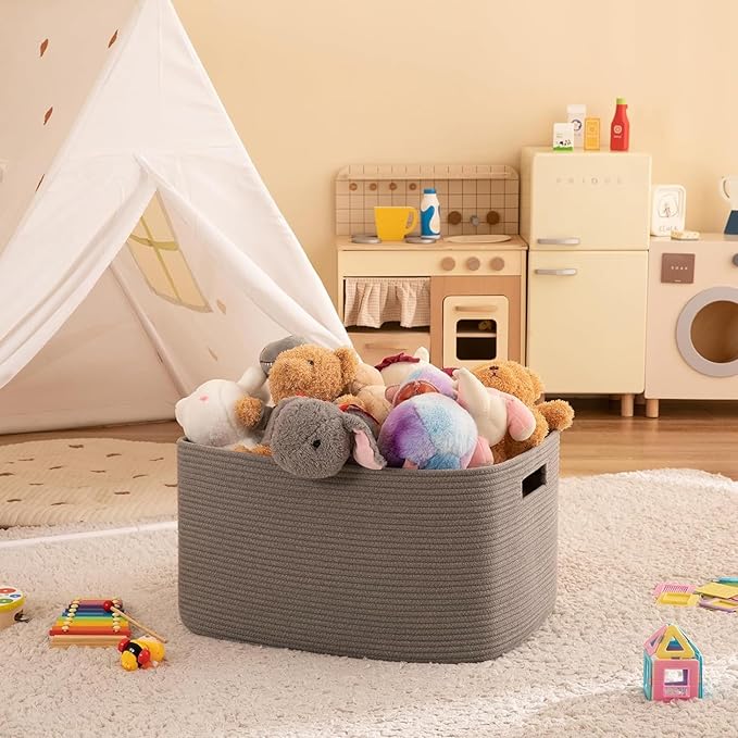 OIAHOMY XXLarge Rectangle Blanket Basket-96L, Cotton Woven Basket for Storage, Dirty Clothes Basket for Living Room, Nursery, Bedroom, Toy Organizing with Handle, 24" x 16" x 15", Dark Grey