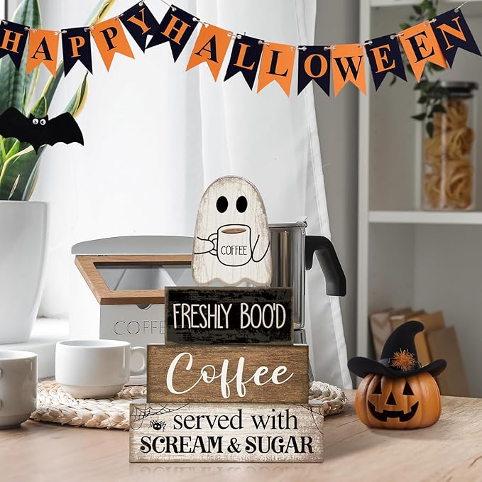 4 Pcs Halloween Table Decor Coffee Ghost Wooden Sign Halloween Tiered Tray Decor Farmhouse Ghost Tabletop Centerpiece Decorative Coffee Bar Block Signs for Home Office Kitchen Shelf