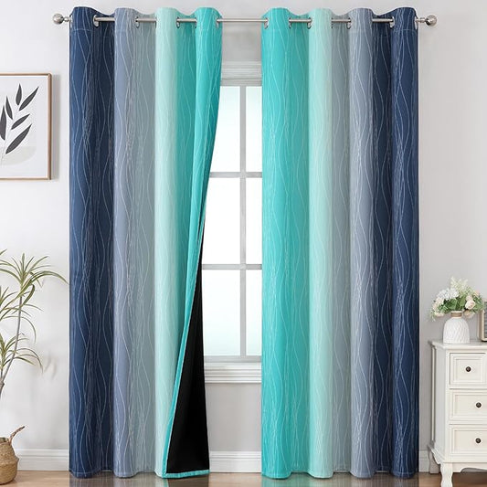 Estelar Textiler Navy Blue and Teal Gradient Blackout Curtains for Bedroom, Thermal Insulated Ombre Blackout Drapes, Full Light Blocking Energy Saving Curtains for Living Room,52Wx96L,2 Panels