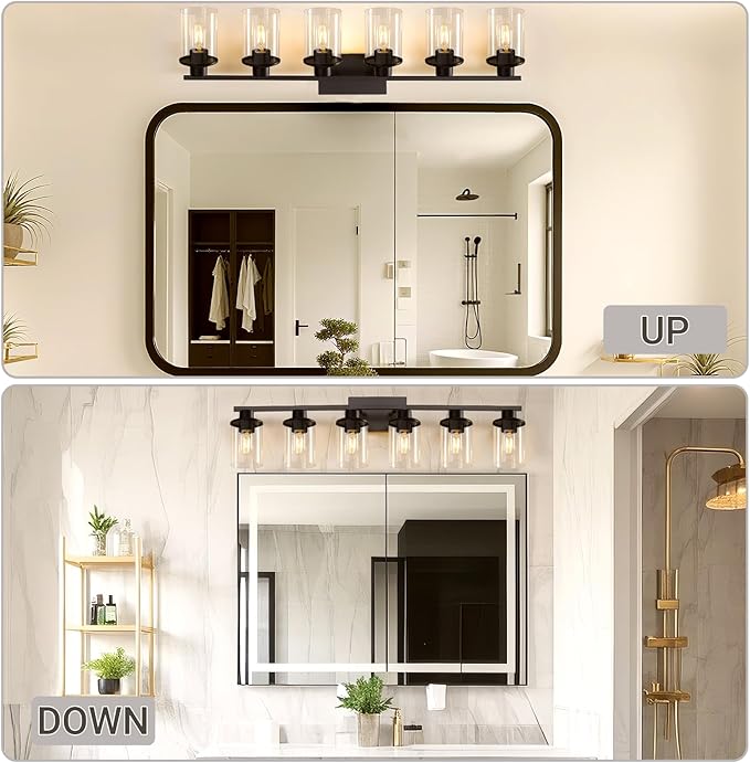 LOUSACE 6 Light Bathroom Vanity Light, Matte Black Bathroom Light Fixtures, Modern Bathroom Lights Over Mirror with Clear Glass Shade, Wall Sconce Lighting for Bedroom Living Room