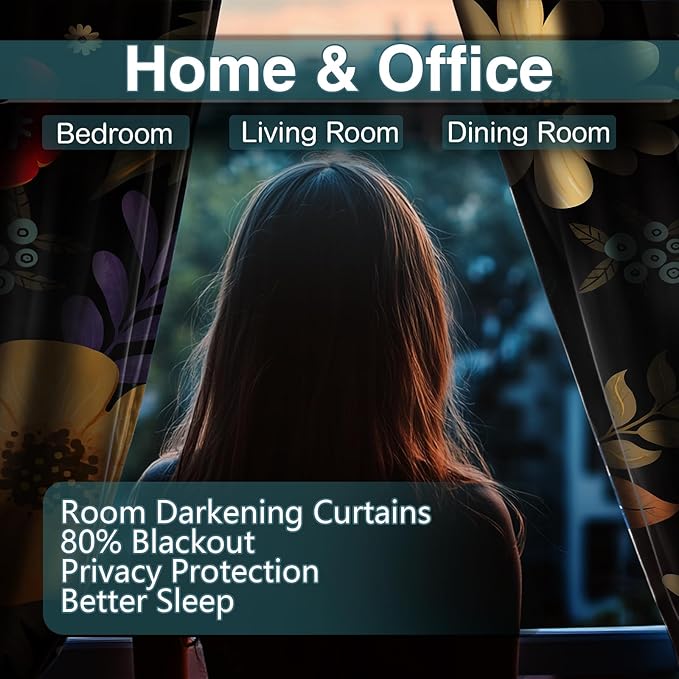 Colorful Flowers Floral Curtain Boho Pile Flowers Halloween Spring Summer Decor Women Girls Wife Mom Kids Bedroom Nursery Kitchen Dining Living Room Darkening Grommet Window Drapes 2 Panels, 52"x63"