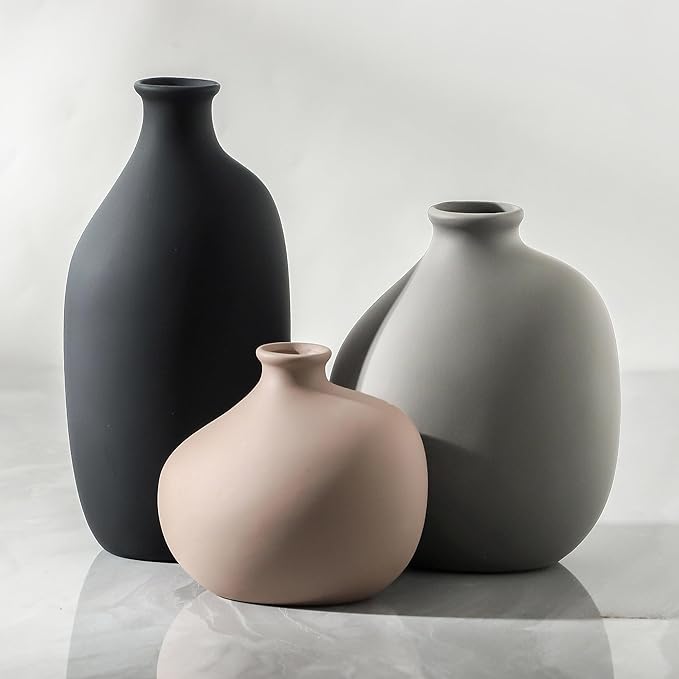 Ceramic Vase Set of 3, Modern Rustic Pottery Vases for Home Decor,Farmhouse Flower Vase for Pampas Grass, Dried or Fresh Flowers, Decorative Vases for Living Room, Bedroom, Bookshelf, or Table.