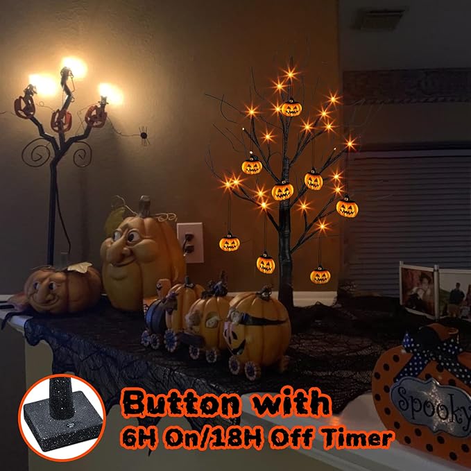 PEIDUO Set of 2 Halloween Trees, 2FT 24LED Lighted Black Glitter Tree with Timer & Pumpkin Ornaments, Battery Operated Halloween Decorations Indoor for Home Table Room Decor