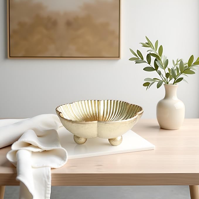 Large Decorative Bowl decor, Scalloped Pedestal Bowls for Modern Home Decor,Ruffle Decor,Stylish Key Bowl for Entry Table,Decorative Fruit Bowl for Kitchen Counter, Golden