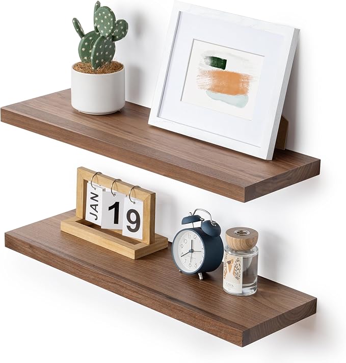 Axeman Walnut Floating Shelves - 24 Inch Wide x 8 Inch Deep USA-Sourced Walnut Wood Shelves Set of 2 - Natural Wooden Shelves with Heavy-Duty Bracket, Wall Mounted for Room Wall Decor