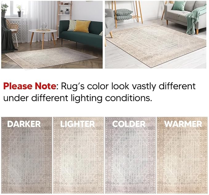 Keen Home Design 8x10 Rug - Machine Washable Area Rug with Non-Slip Backing, Ideal for Living Room, Dining Room, Bedroom - Vintage, Easy Clean, Durable, Low Pile Rug - (8' x 10')