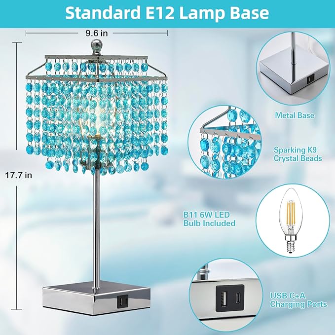 Luvkczc Crystal Table Lamp with Touch Control, Bedside Crystal Table Lamp with USB C+A Ports, 3-Way Dimmable Lamp with Crystal Shade for Girls Bedroom, Living Room, Light Blue & B11 LED Bulb Included