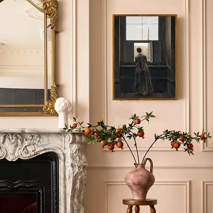 crmotu Framed Canvas Wall Art, Vintage Portrait Paintings Wall Decor, Woman by the Window Dark Art Prints, Retro Lady Back Pictures Rustic Farmhouse Home Decor Living Room Bedroom Bathroom 12x16in